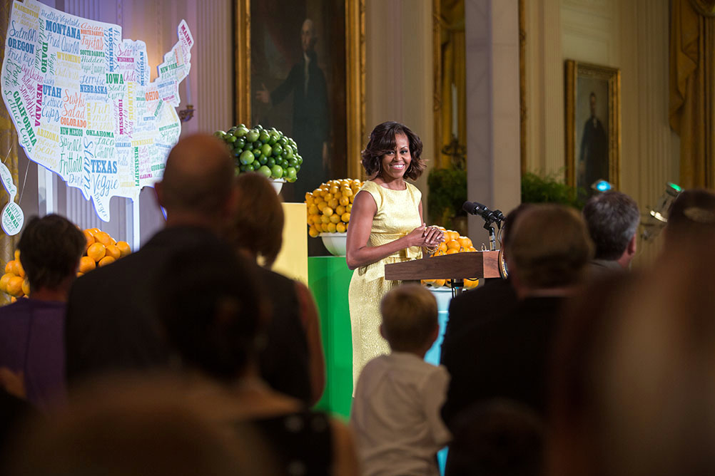 First Lady Michelle Obama delivers remarks during the Kids' State Dinner in the East Room of the White House