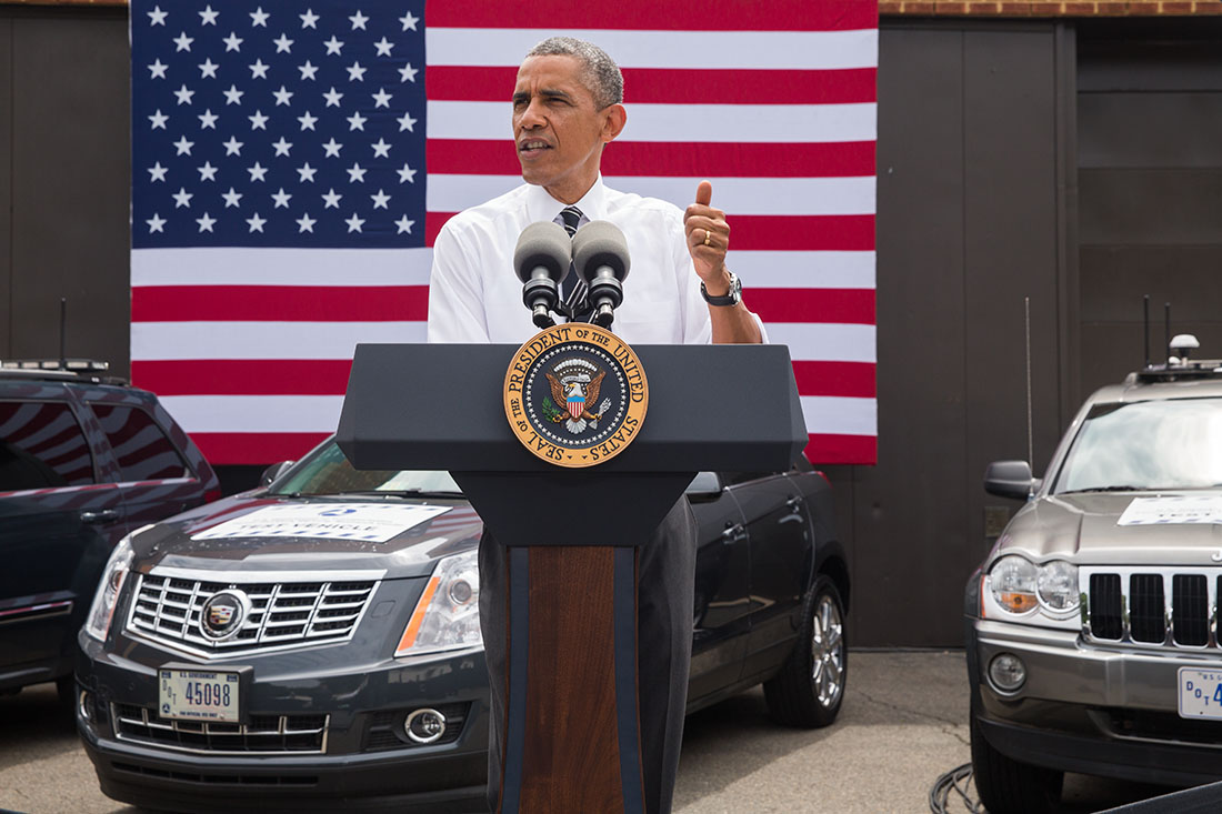 President Barack Obama delivers remarks on the economy at Turner-Fairbank Highway Research Center