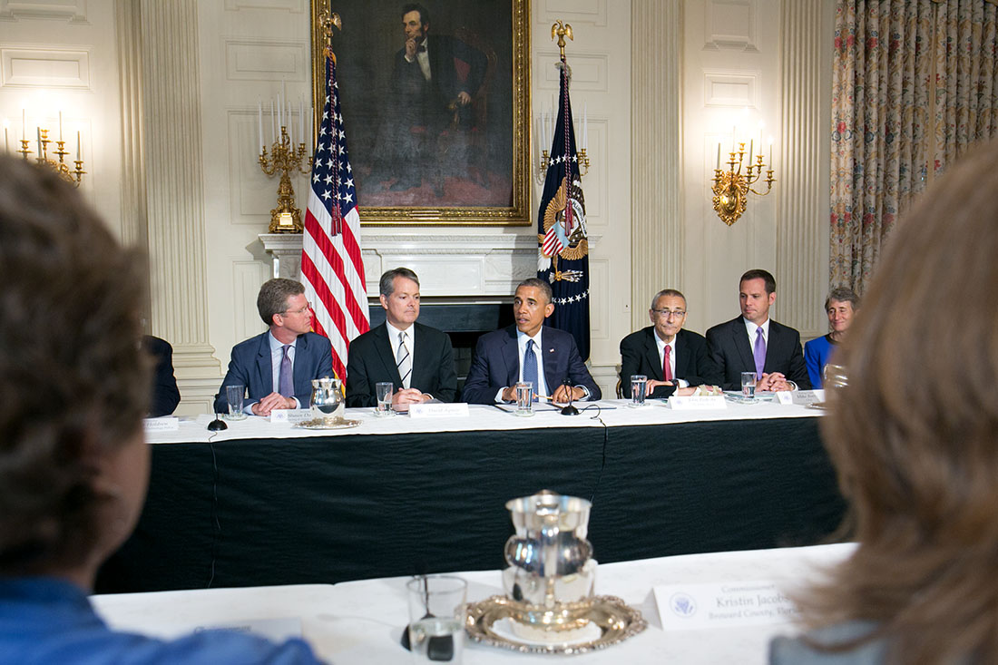 President Barack Obama drops by a meeting of the Task Force on Climate Preparedness and Resilience