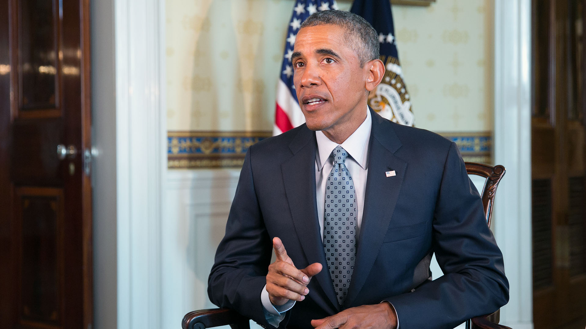 President Barack Obama tapes the Weekly Address in the Blue Room of the White House, Aug. 18, 2014.