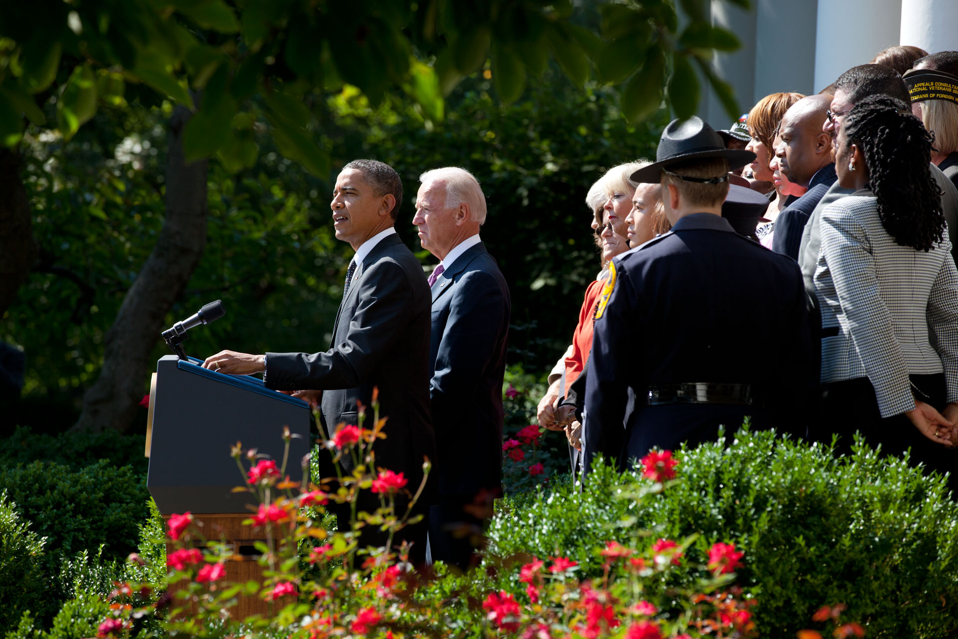 President Barack Obama joined by Vice President Joe Biden delivers a statement on the American Jobs Act