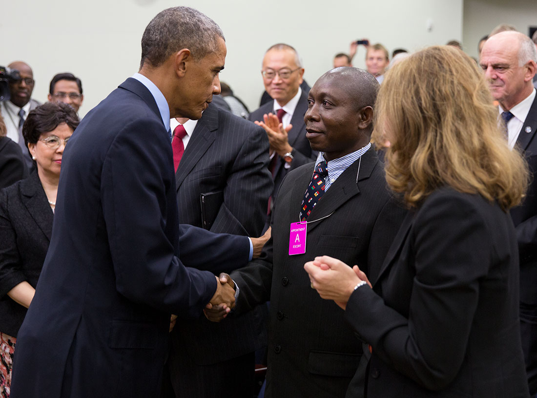 President Obama greets Ebola survivor Dr. Melvin Korkor after delivering remarks at the Global Health Security Agenda Summit, Sept. 25, 2014