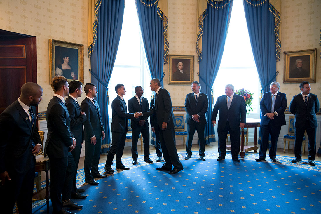 President Barack Obama greets the players and staff of Sporting Kansas City prior to an East Room event