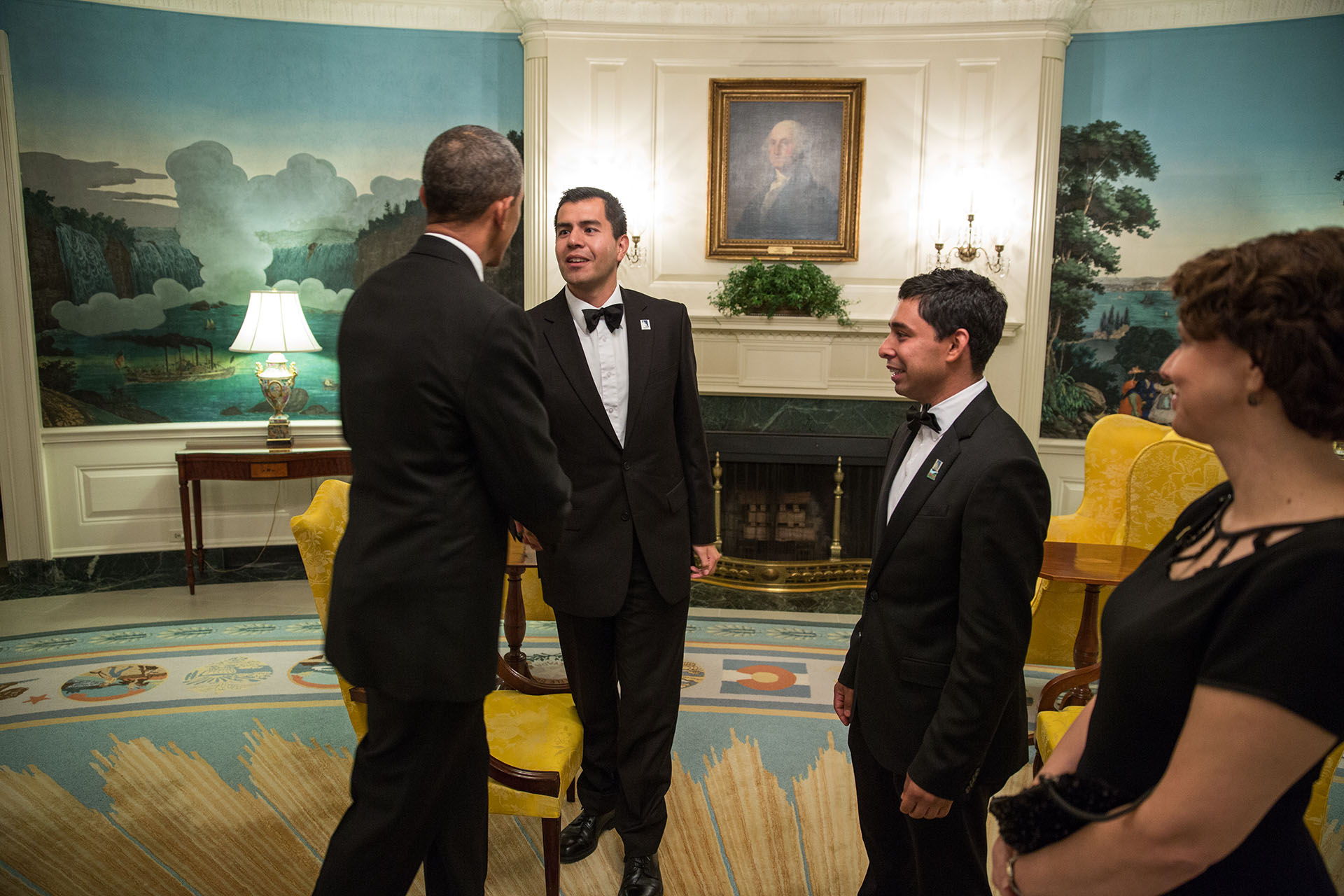 President Obama greets people in the Diplomatic Reception Room of the White House prior to the Congressional Hispanic Caucus Institute's 37th Annual Awards Gala