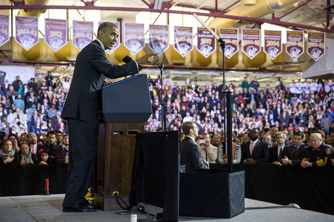 President Barack Obama delivers remarks on the economy at Rhode Island College in Providence, R.I., Oct. 31, 2014.
