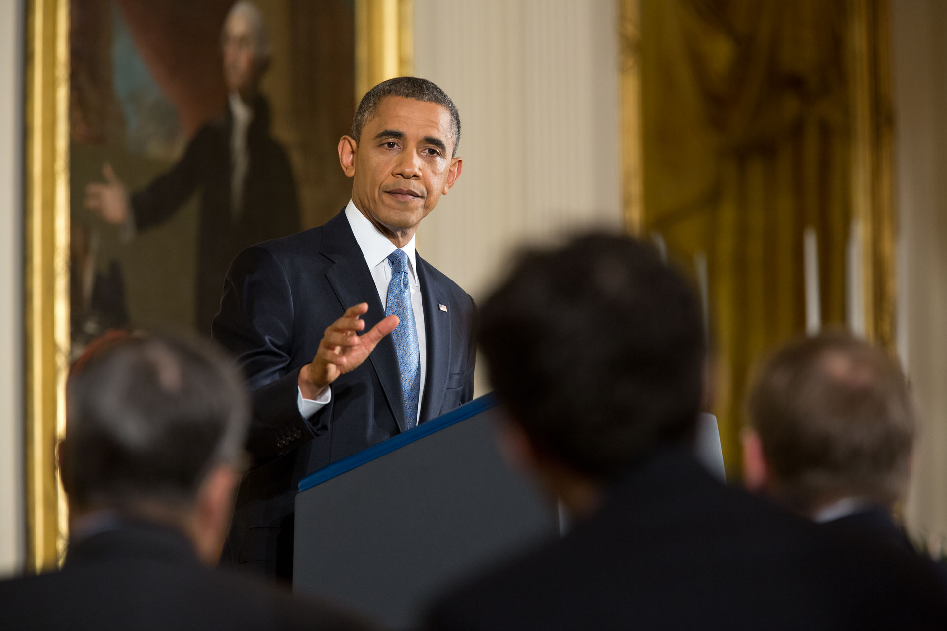 President Barack Obama gives a press conference in the East Room of the White House