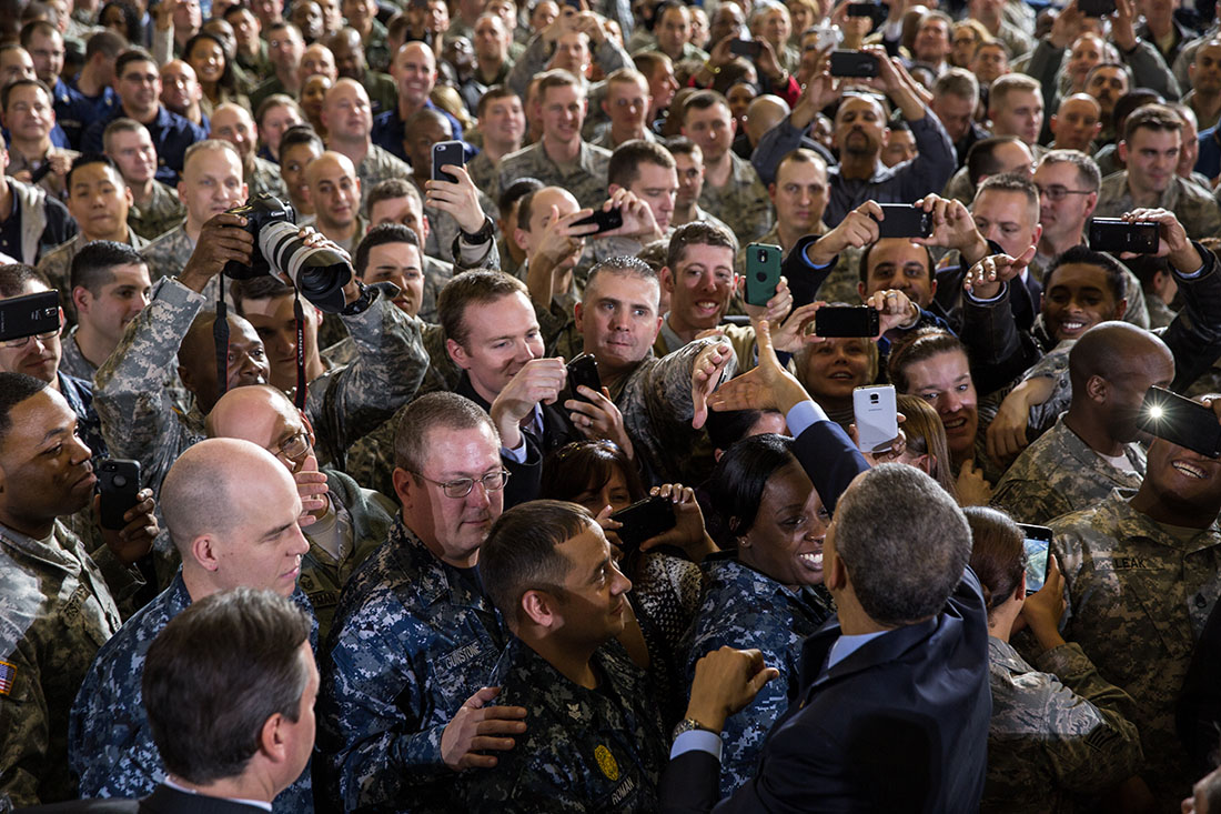 President Obama greets members of the audience at Joint Base McGuire-Dix-Lakehurst