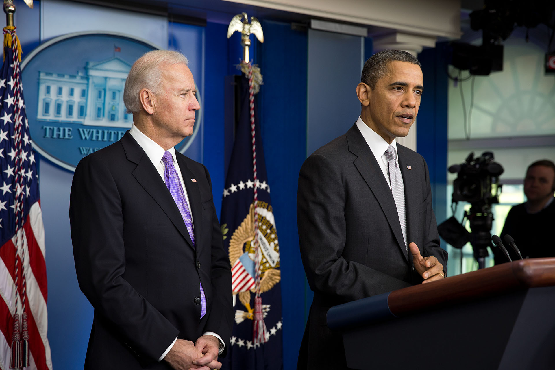 President Obama, with Vice President Biden, delivers a statement about the Administration’s gun policy process, Dec. 19, 2012.  