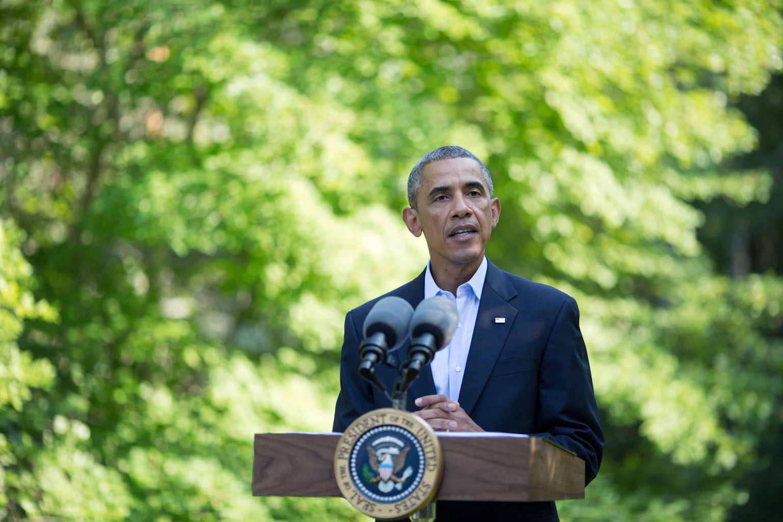 President Barack Obama makes a statement on the situation in Iraq from Chilmark, Mass., August 11, 2014.