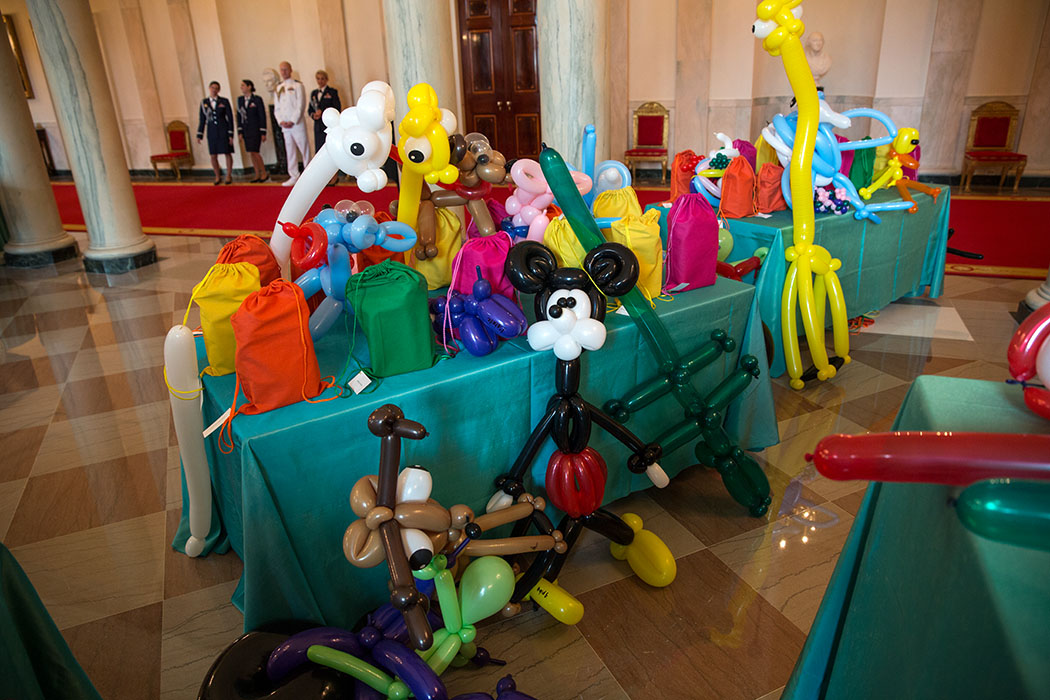 Balloon animals cover tables in the Grand Foyer of the White House