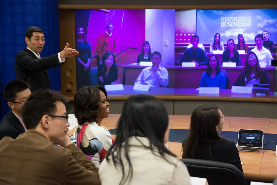 First Lady Michelle Obama participates in a video conference