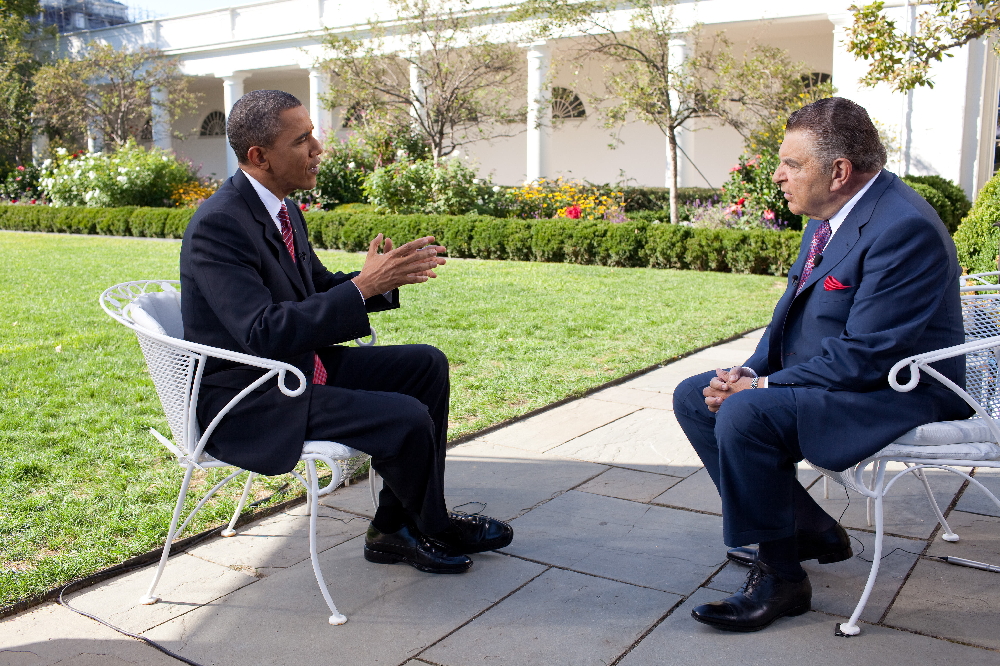 President Barack Obama Gestures During an Interview with Mario 