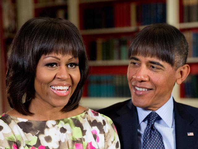 President Obama demonstrates that no one can pull off bangs quite like the First Lady at the White House Correspondents Dinner