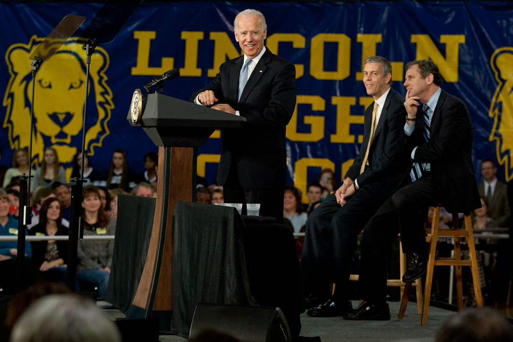 Vice President Joe Biden with Secretary of Education Arne Duncan and Senator Sherrod Brown in Gahanna, Ohio