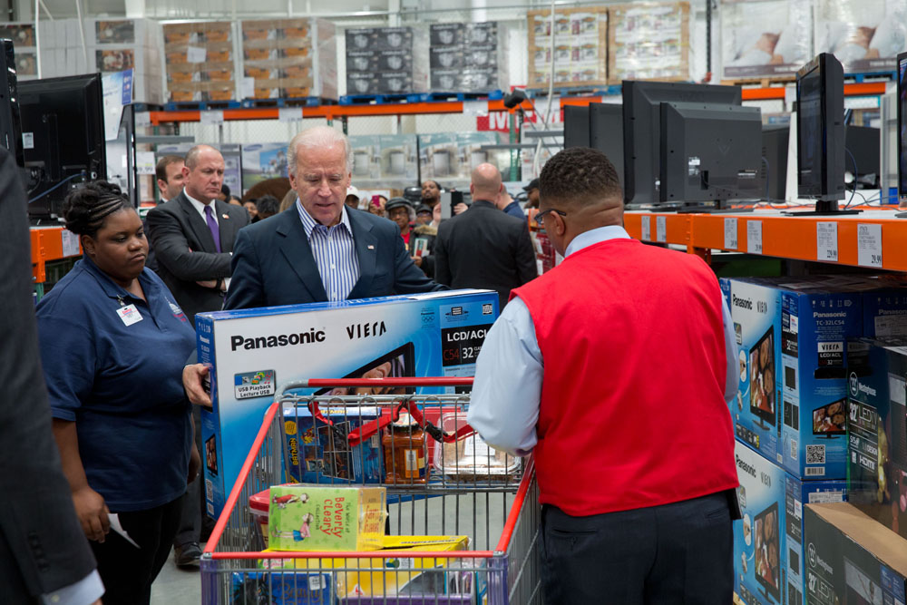 Vice President Joe Biden picks out a TV at the newly opened Costco store