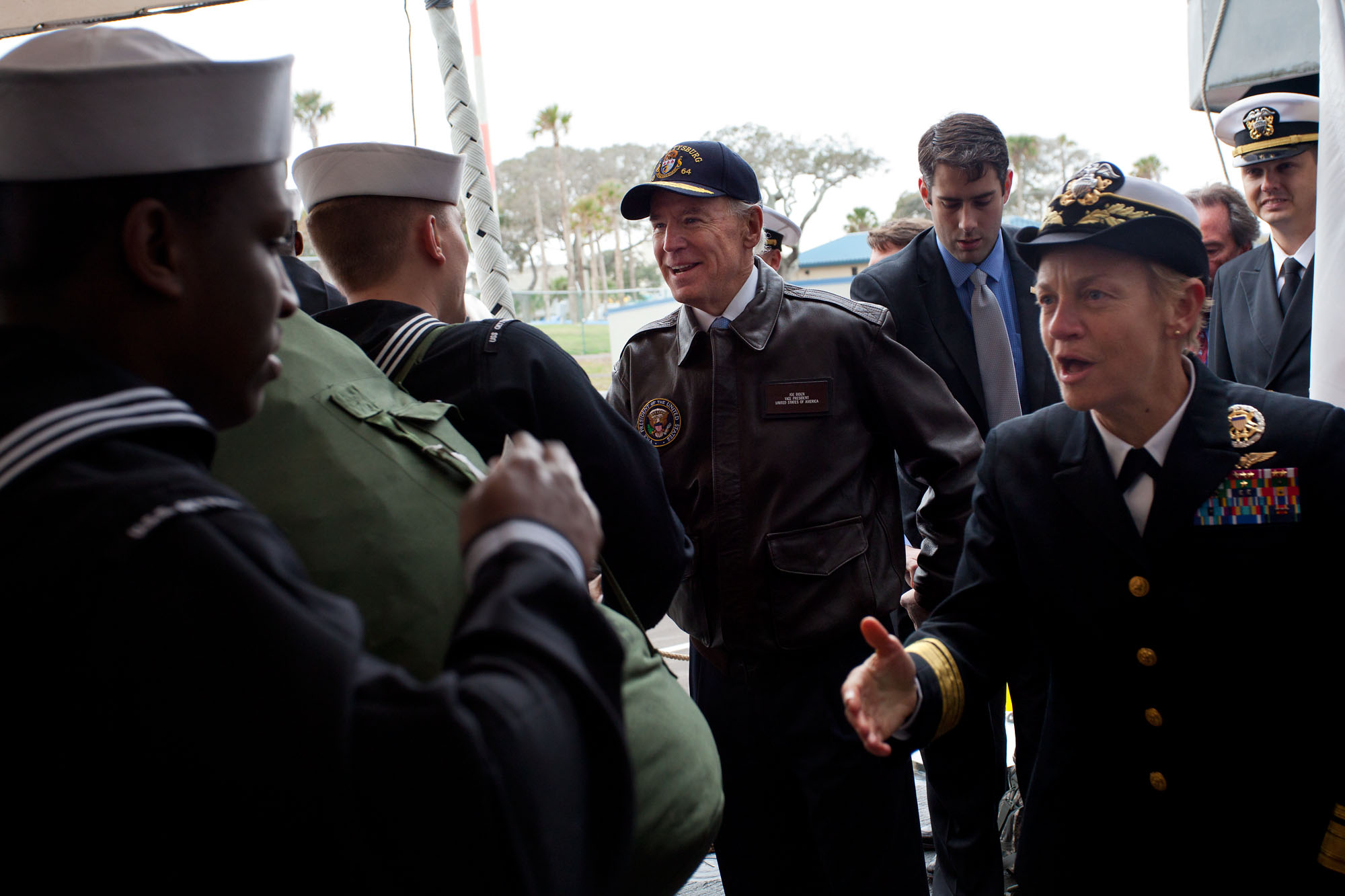 Vice President Joe Biden and Rear Admiral Nora Tyson welcome home the USS Gettysburg 