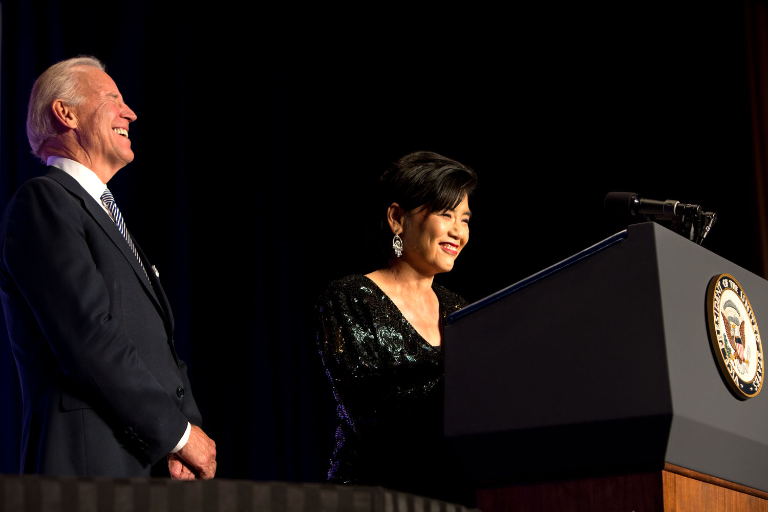 Vice President Joe Biden is introduced by representative Judy Chu, before speaking at the Asian Pacific American Institute for Congressional Studies (APAICS) Gala Awards Dinner, at the Washington Hilton in Washington, DC.