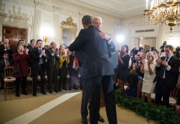 Vice President Joe Biden hugs President Barack Obama after being awarded the Presidential Medal of Freedom with Distinction during a tribute in the State Dining Room of the White House, Jan. 12, 2017. (Official White House Photo by Pete Souza)