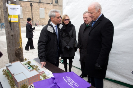 Vice President Joe Biden with Sen. Dick Durbin, Chicago Mayor Rahm Emanuel and his wife Amy Rule backstage at the groundbreaking of a shelter for battered women