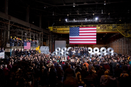 President Barack Obama  delivers remarks at Arcelormittal Steel factory in Cleveland, Ohio