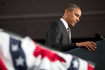 President Barack Obama pauses for a moment of silence for the victims of the Colorado shootings (July 20, 2012)