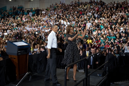 President Barack Obama and First Lady Michelle Obama talks with students in a classroom at Coral Reef Senior High School, Florida, 