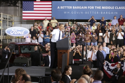 President Barack Obama delivers remarks on the economy at the Ford Kansas City Stamping Plant 