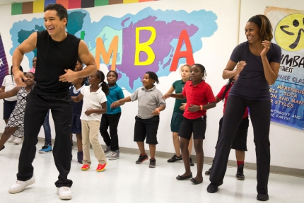 First Lady Michelle Obama participates in Zumba with Mario Lopez
