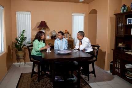 President Obama participates in a kitchen table discussion regarding the American Jobs Act