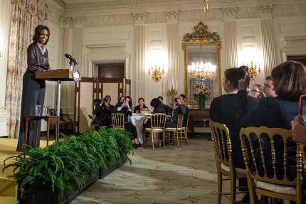 First Lady Michelle Obama delivers remarks prior to a screening of the movie "The Inevitable Defeat of Mister and Pete," and a discussion in the State Dining Room