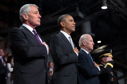 President Obama, Vice President Biden and Gen. Martin Dempsey participate in an Armed Forces farewell in honor of Secretary Hagel