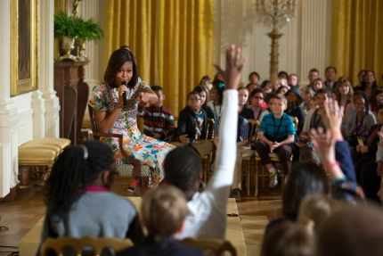 First Lady Michelle Obama takes questions during the annual "Take Our Daughters and Sons to Work Day" event