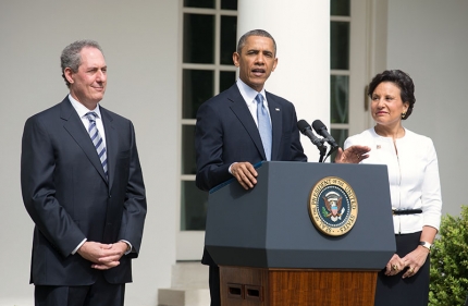 President Obama with Mike Froman and  Penny Pritzker in the Rose Garden, May 2, 2013. 