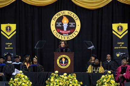 First Lady Michelle Obama delivers remarks during the Bowie State University commencement