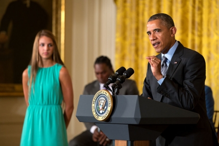 President Barack Obama, with introducer Tori Belluci, delivers opening remarks at the White House Healthy Kids & Safe Sports Concussion Summit