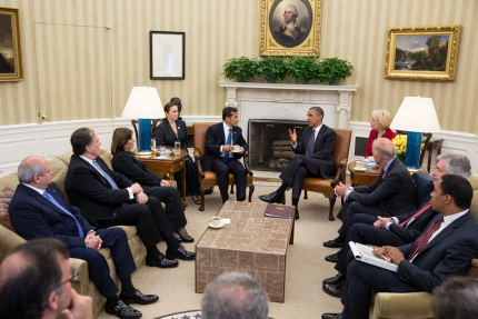 President Barack Obama participates in a bilateral meeting with President Ollanta Humala of Peru