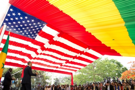 President Barack Obama participates in a joint press conference with President Macky Sall of Senegal at the Presidential Palace in Dakar, Senegal
