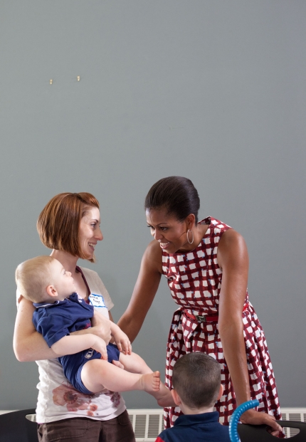 First Lady Michelle Obama meets with a Family at a Joining Forces Cookout 