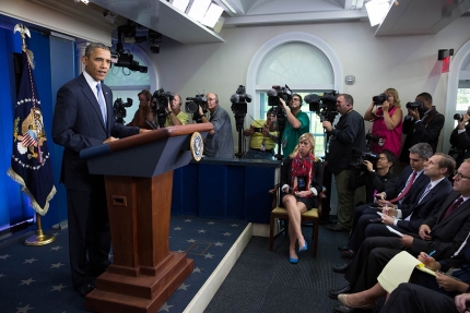 President Barack Obama delivers remarks on the budget negotiations, in the James S. Brady Press Briefing Room of the White House