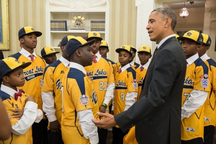 President Barack Obama welcomes the Jackie Robinson West All Stars to the Oval Office