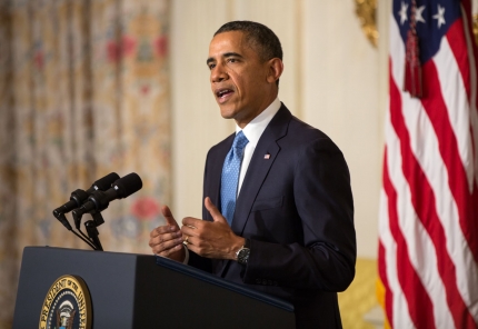 President Barack Obama makes statement in the State Dining Room of the White House on the agreement reached today with Iran on their nuclear program, Saturday, Nov. 23, 2013