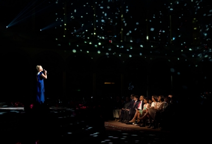 President Barack Obama, First Lady Michelle Obama, daughters Sasha and Malia, and Marian Robinson listen as Megan Hilty performs