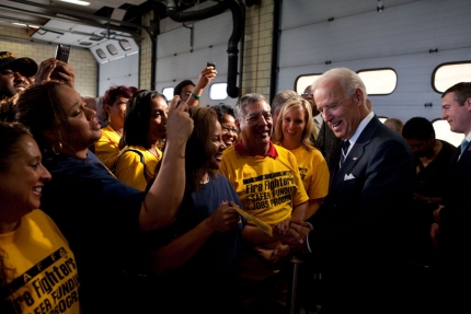 Vice President Joe Biden greets members of the audience after speaking in Flint, Michigan 