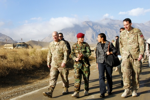 National Security Advisor Susan E. Rice with American and Afghan forces at Camp Morehead