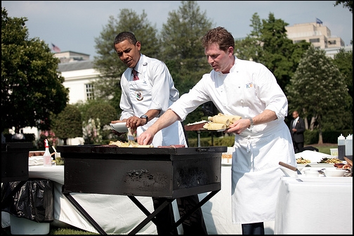 President Barack Obama and celebrity chef Bobby Flay grill