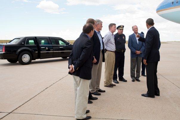 President Obama greets officials at Buckley