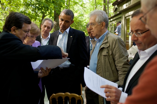 President Obama Talks With Leaders On The Laurel Cabin Patio
