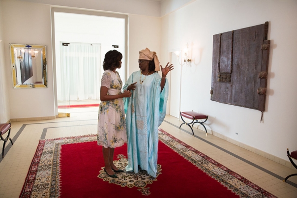 First Lady Michelle Obama Talks with First Lady Marème Sall 