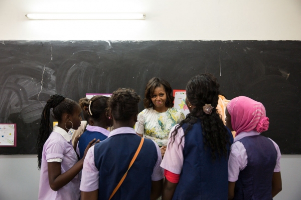 First Lady Michelle Obama Talks with Students in Their Classroom 