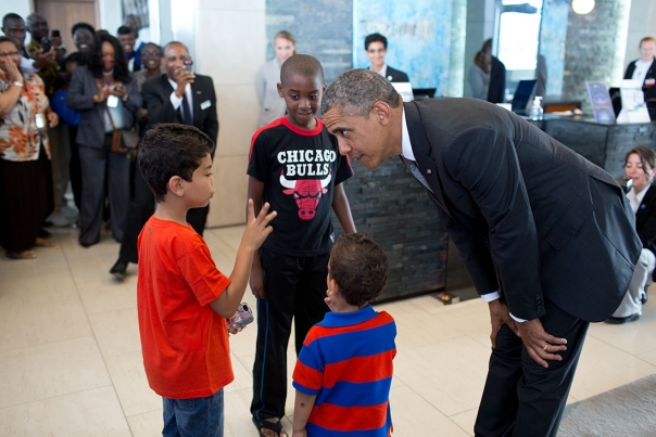 President Obama Talks with Kids at the Hotel